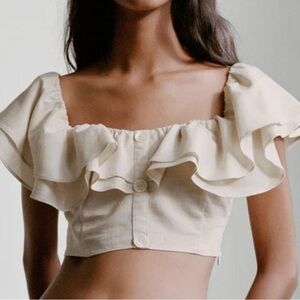Zara Ecru Linen Blend Ruffle Crop Top